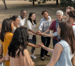 A group of people of different ethnicities holding hands