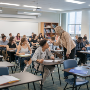 : instructor in classroom talking with students
