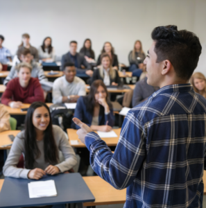 student giving a presentation in class

