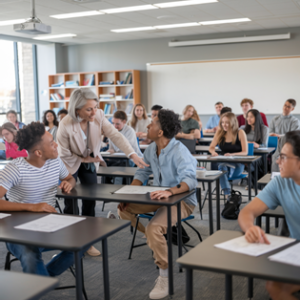 instructor in classroom talking with students
