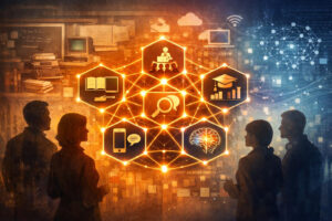 Illustration showing a diverse group of business communication instructors gathered around an interconnected framework, symbolizing recurring teaching concerns such as relevance, engagement, rigor, and preparation for digital and AI-driven communication.