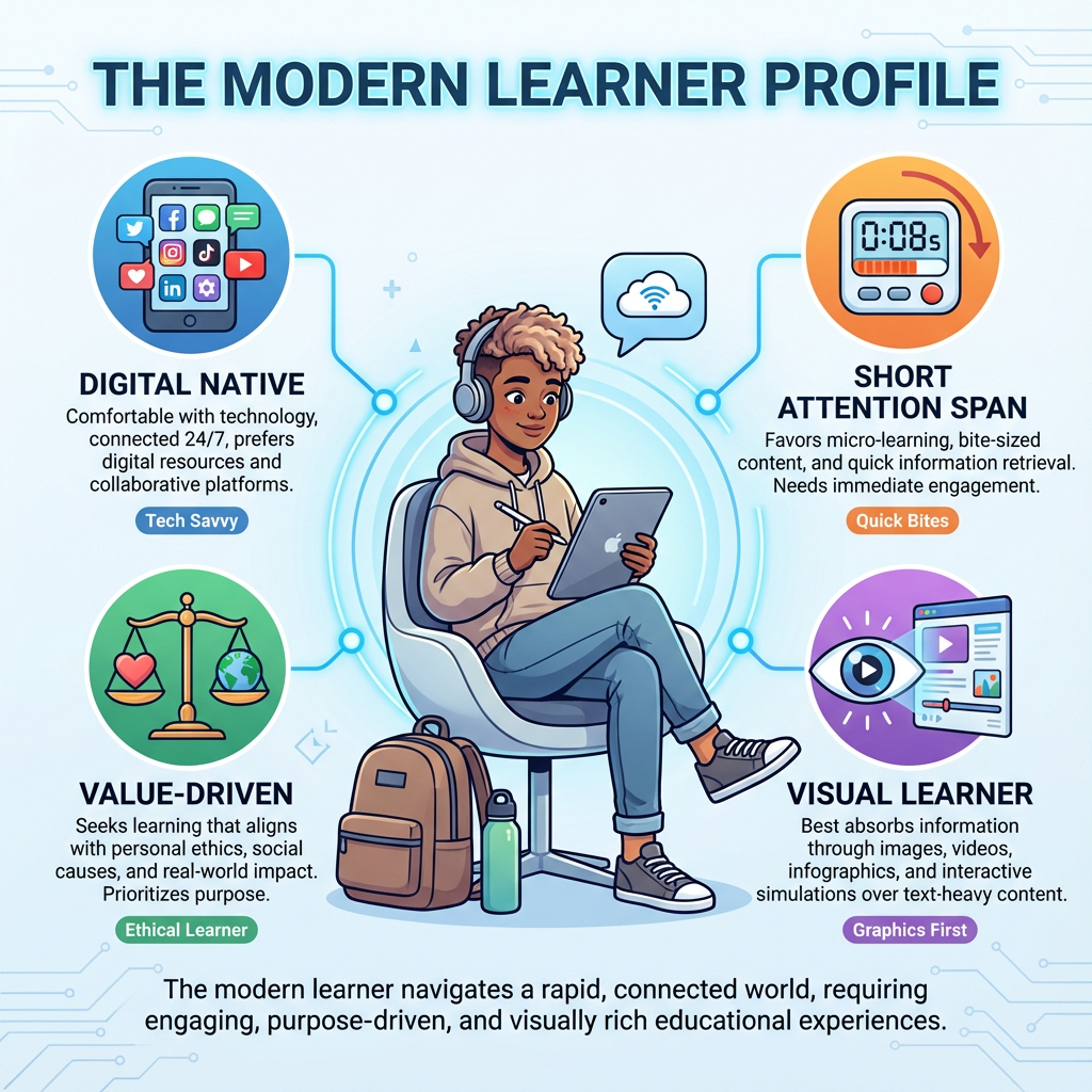 Meeting the Modern Learner. To teach effectively, we must design for the reality of today's students—who demand relevance, interactivity, and visual engagement.