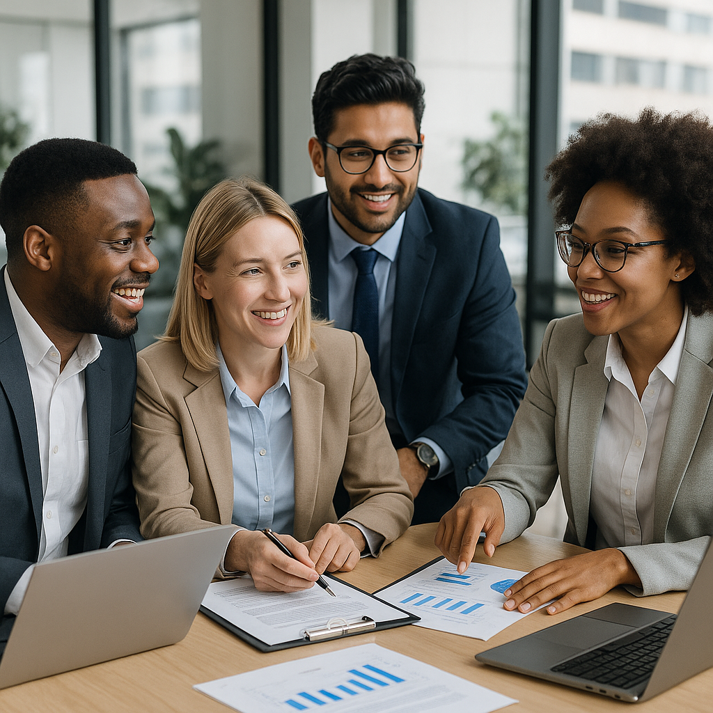 A diverse group of business professionals engaged in a collaborative discussion in an office, representing inclusivity in communication.