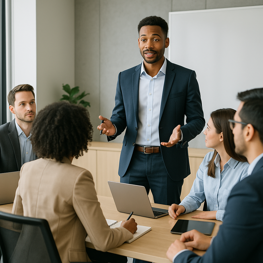 A young professional presenting to a diverse audience in a corporate setting, illustrating career readiness.