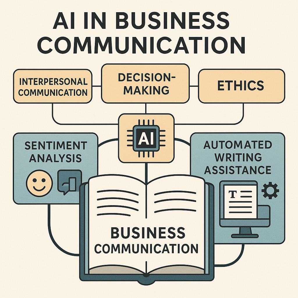 Diagram depicting AI integration in business communication with sections on communication, decision-making, ethics, and tools.