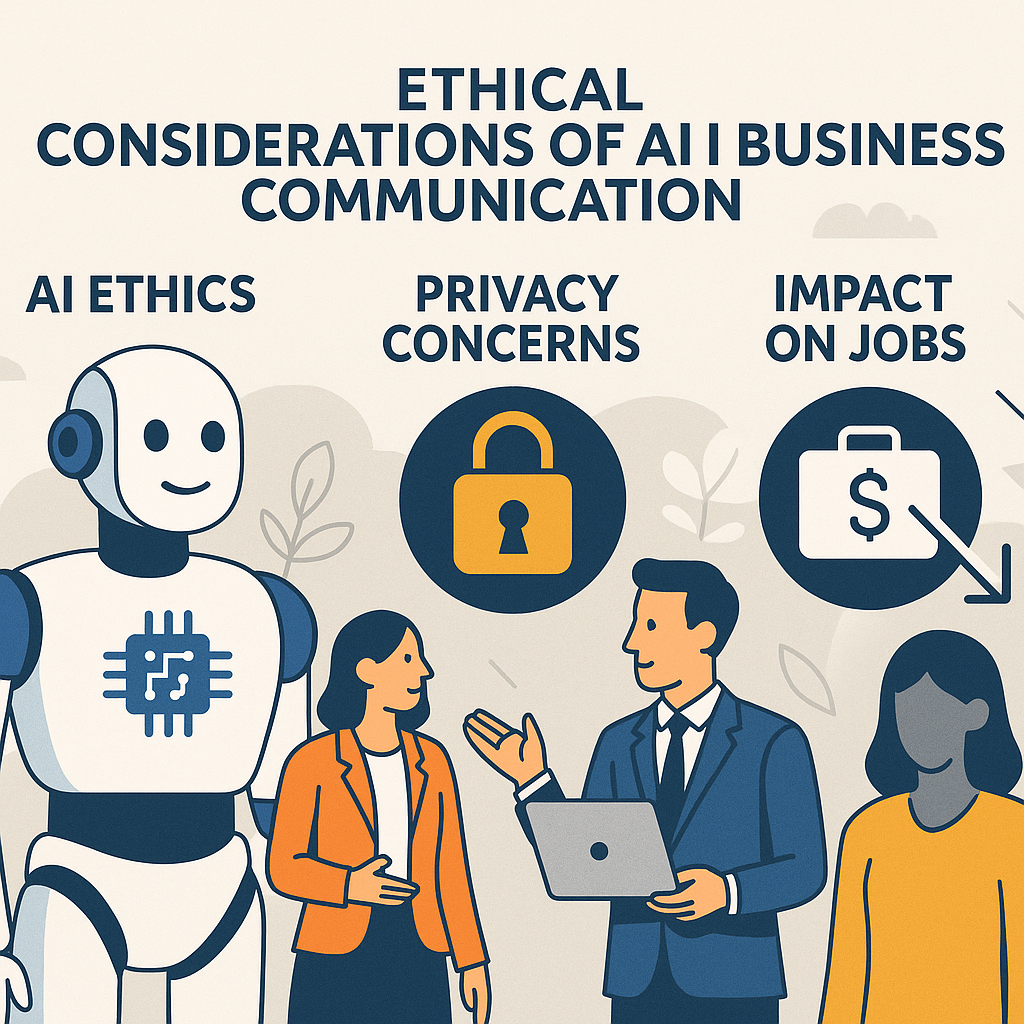Illustration of AI ethical considerations, including ethics, privacy, and job impact, in business communication.