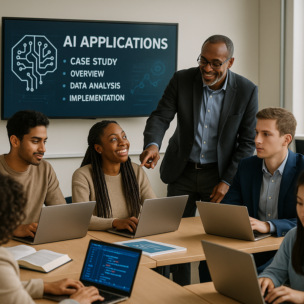 Business students participating in AI exercises in a classroom with digital tools and textbooks.