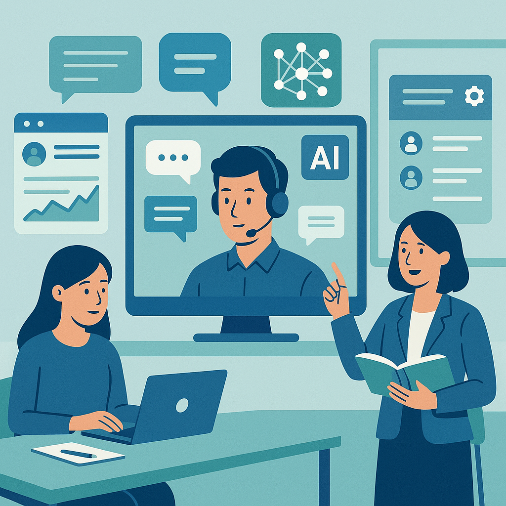 ai6971fe9db809a Bovee Thill Business Communication Blog Illustration showing AI tools integrated with business communication practices in an educational setting