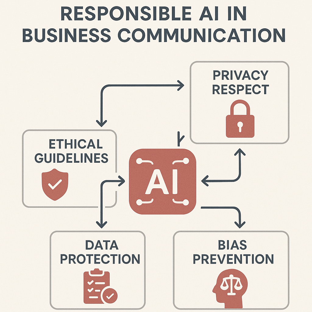 ai6971fecdbe12e Bovee Thill Business Communication Blog Diagram showing ethical considerations in AI use including privacy and bias management