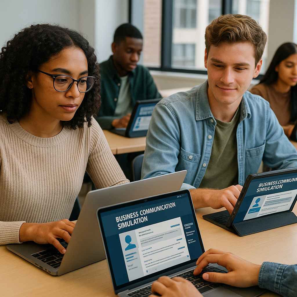 Students in a classroom using digital devices to interact with business communication simulations.