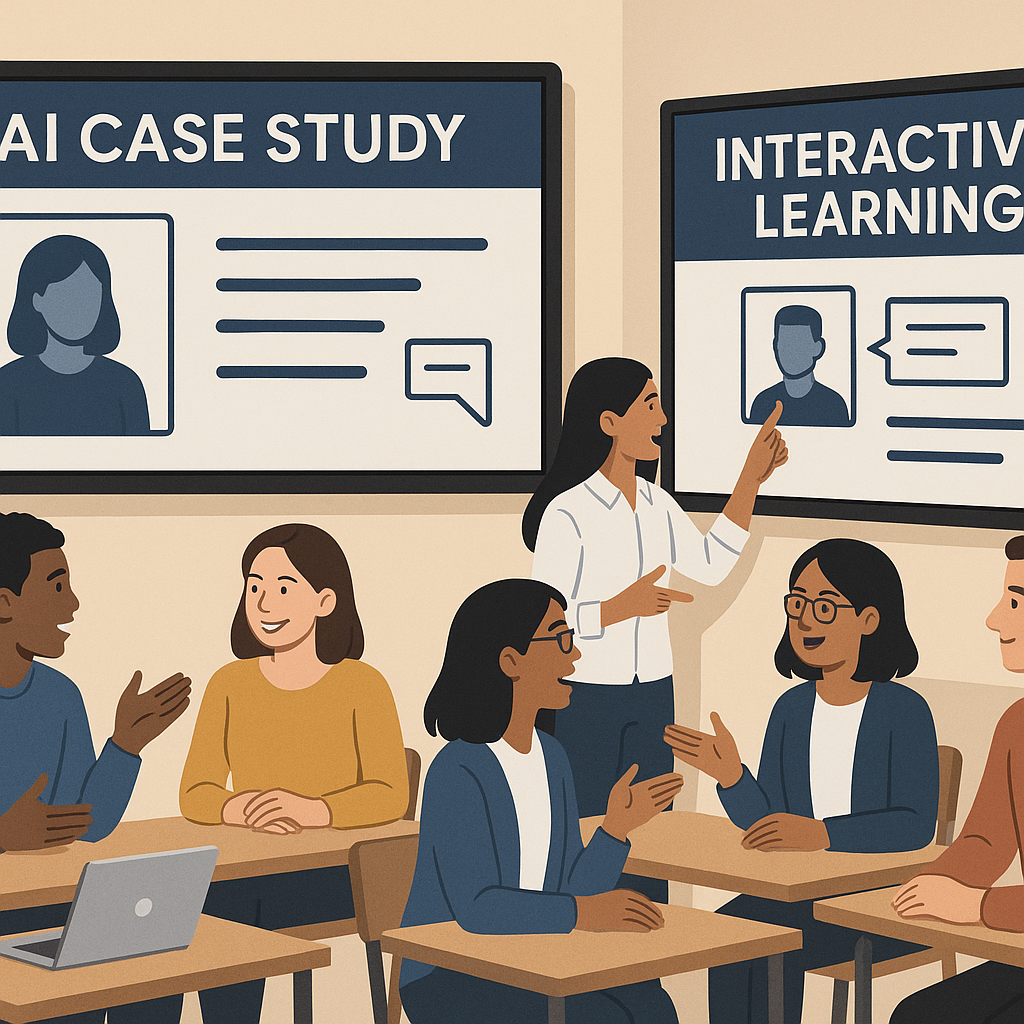 Illustration of students engaging in an interactive AI-driven case study in a classroom.