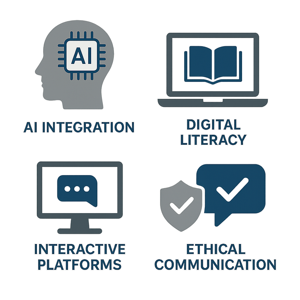 Icon set showing features like AI integration, digital literacy, and ethical communication.