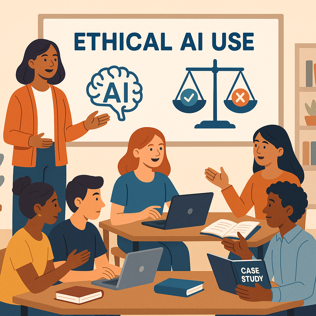 Illustration of a classroom discussing ethical AI uses with students engaged in group work.