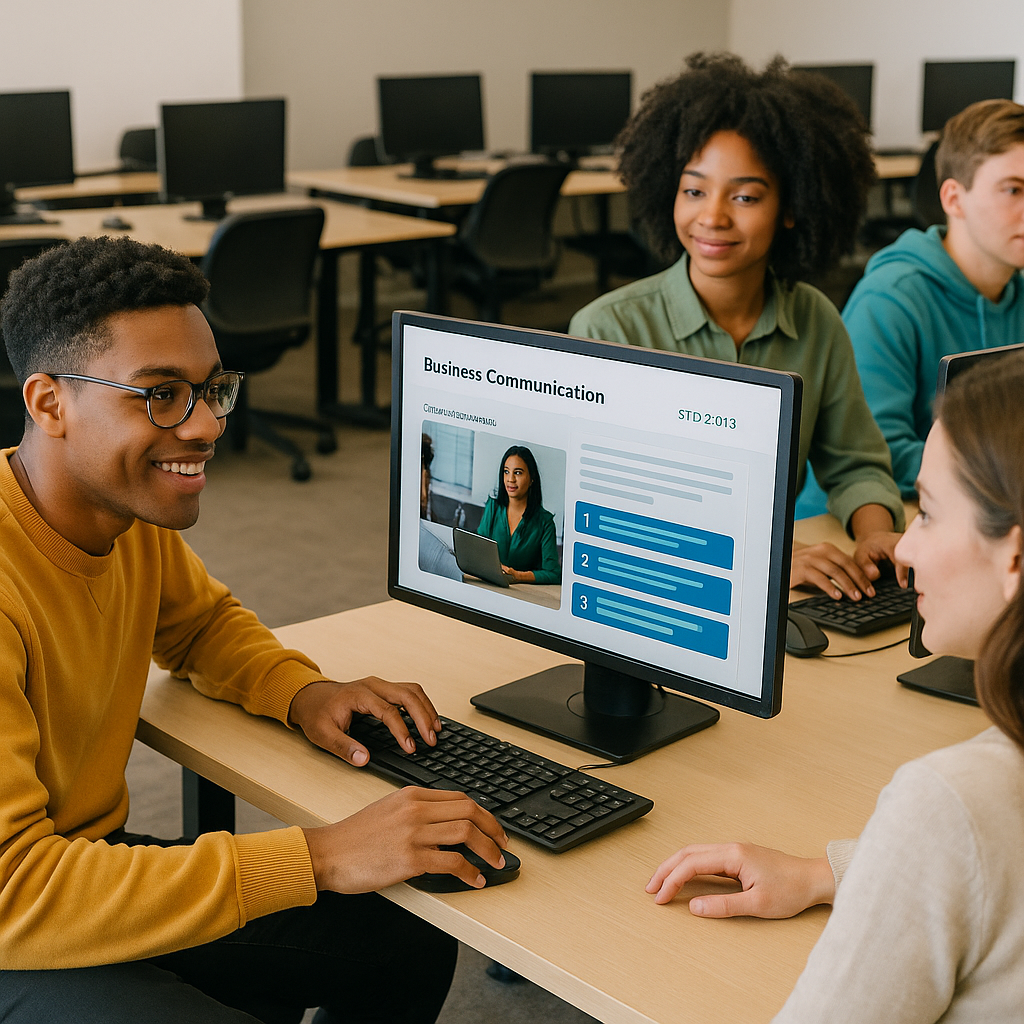 Students in a computer lab using digital tools for interactive business communication simulations.