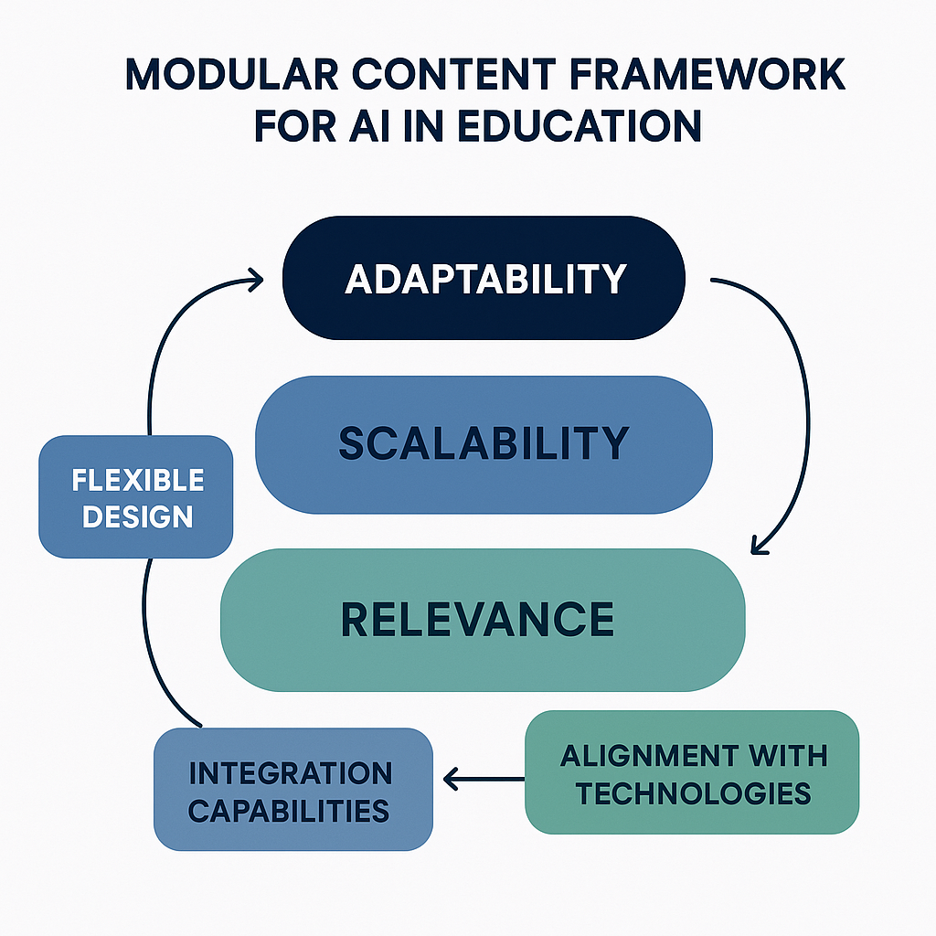 Diagram showing a modular content framework emphasizing adaptability, scalability, and relevance.