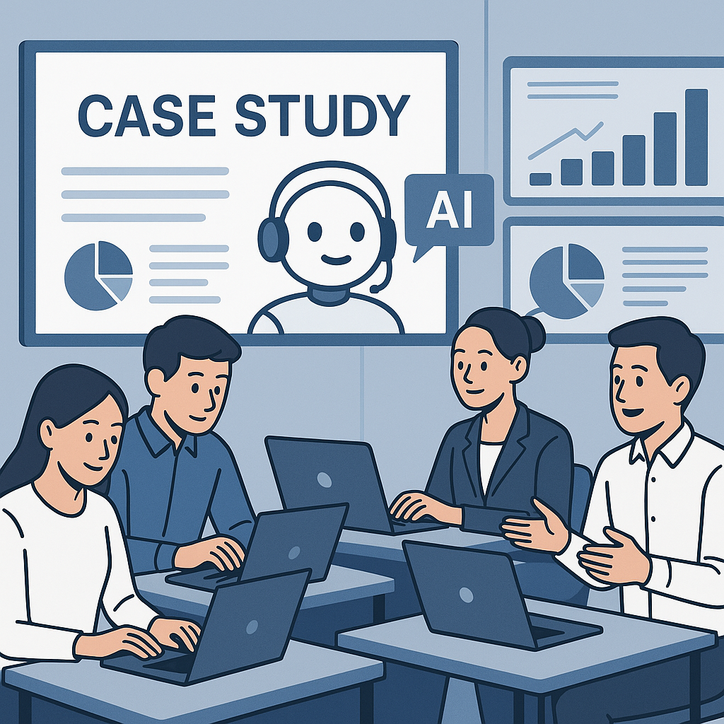 Illustration of students using AI tools on a case study in a business communication classroom.