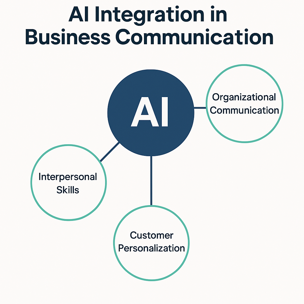 Diagram illustrating AI integration across various topics in a business communication textbook with labeled sections such as interpersonal skills and organizational communication.