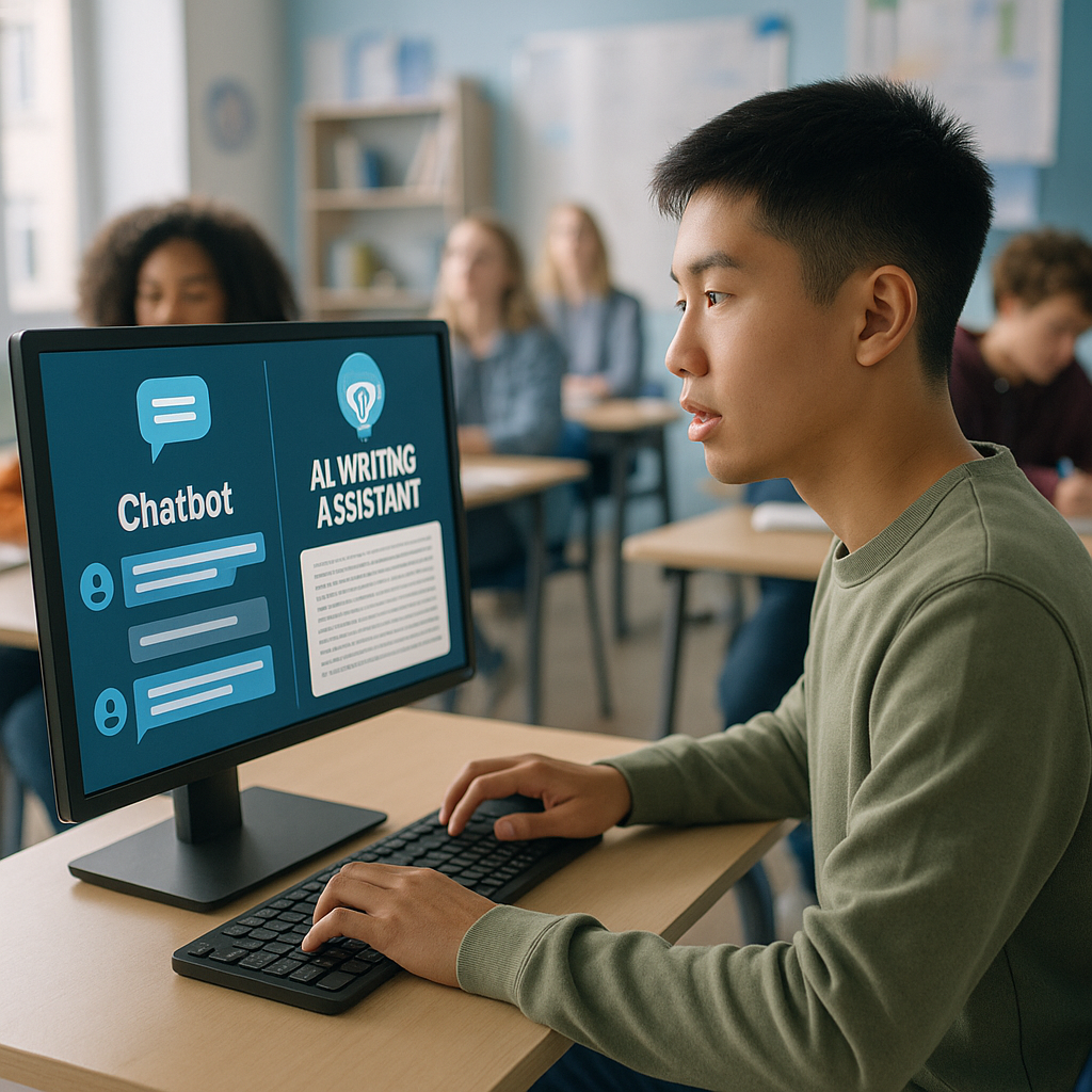 Photograph of a student engaging with AI-driven communication tools on a computer in a modern classroom setting.