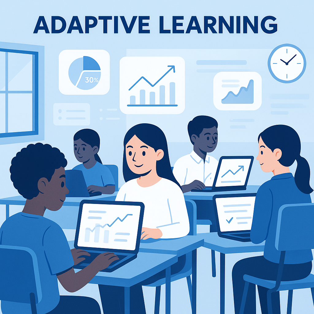 An illustration of students interacting with adaptive learning platforms, highlighting personalized education features.