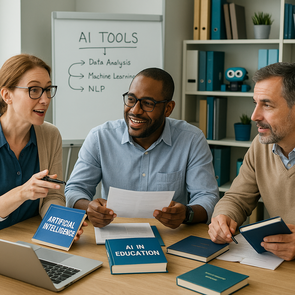 Educators collaborate in a meeting room, evaluating and updating AI-based curriculum content.