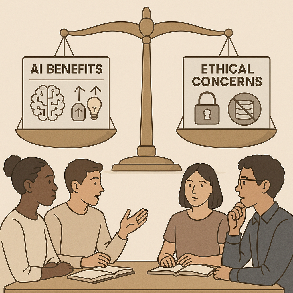 An illustration showing a balanced scale of AI benefits versus ethical concerns, symbolizing classroom discussions on AI ethics.