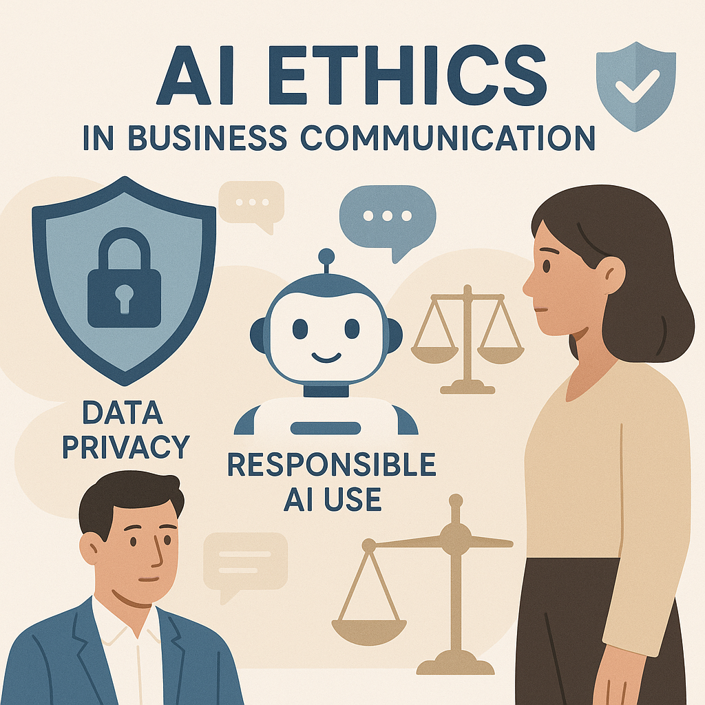 Illustration showing AI ethics with symbols for data privacy and responsible practices in business communication.