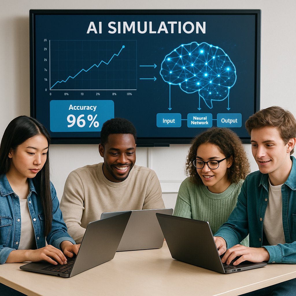 Students participating in an AI simulation exercise in a modern classroom, using laptops and a digital whiteboard.
