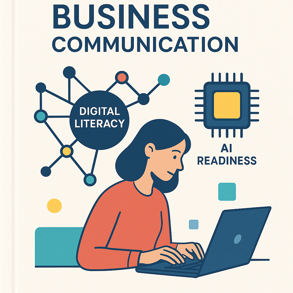 An illustration showing the blend of digital literacy and AI-readiness as interconnected digital elements within a textbook framework.