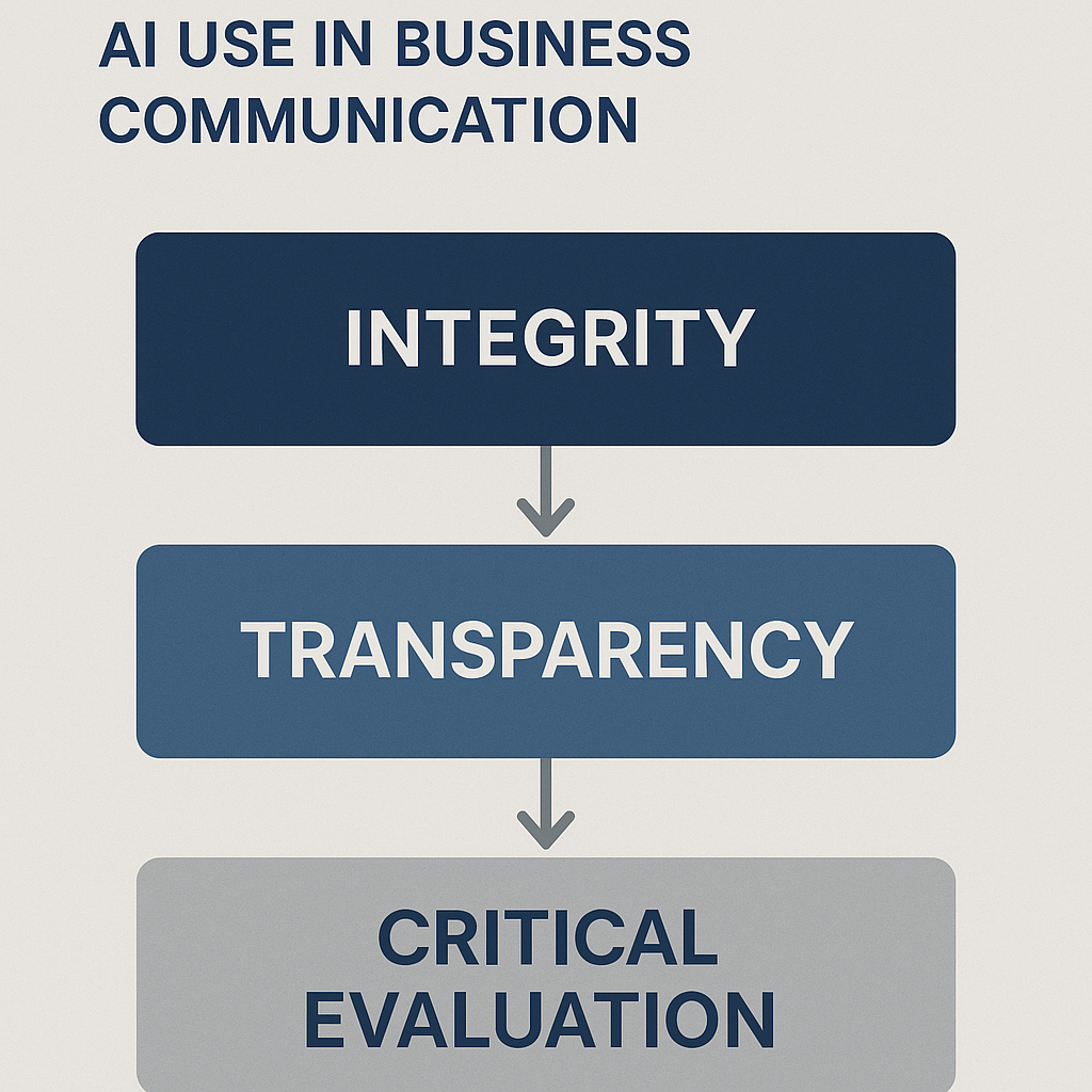 A diagram illustrating ethical considerations in AI applications, highlighting integrity, transparency, and critical evaluation processes.