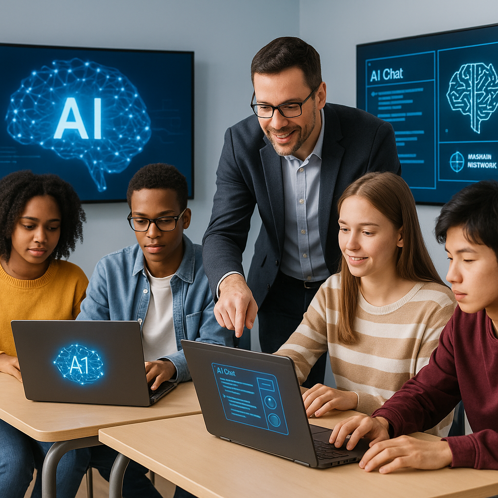 Students in a classroom engaging with AI tools on laptops, demonstrating practical applications in education.