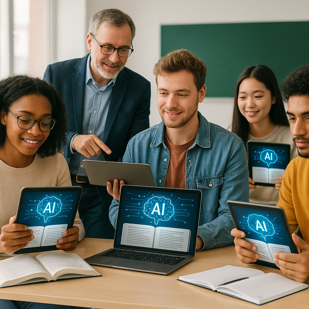 Students and a professor using AI-powered tools in a classroom setting to learn about business communication with textbooks open.