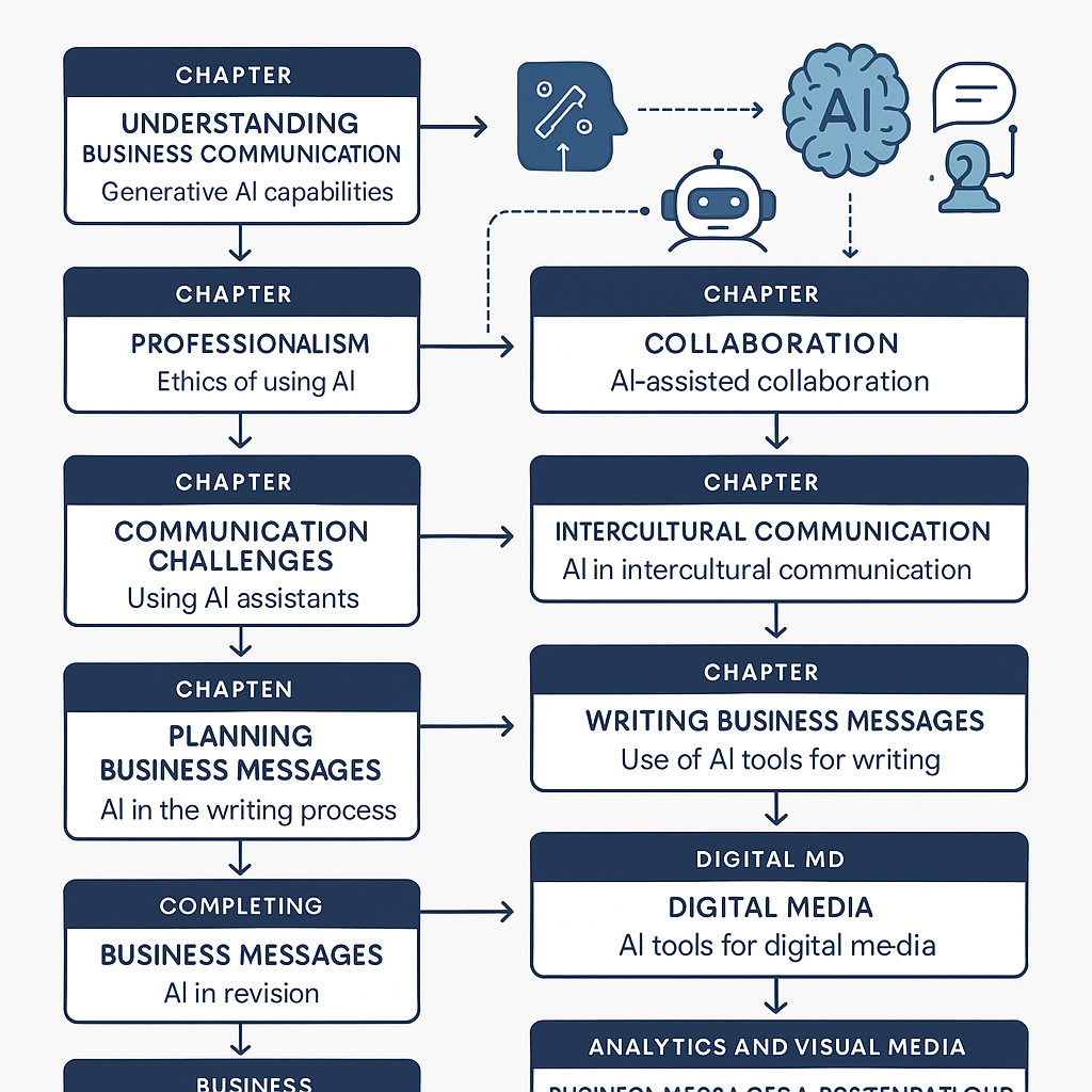 Diagram showing comprehensive AI integration across chapters of a business communication textbook.