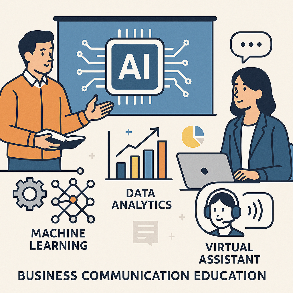 Illustration depicting AI tools and concepts enhancing business communication education.