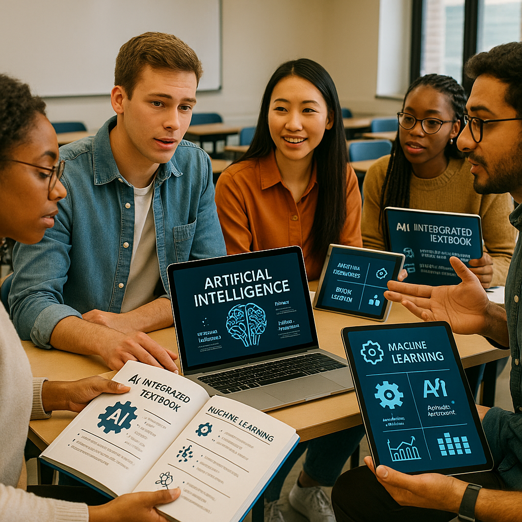 Students in a classroom using AI-integrated textbooks and digital tools during a group discussion.