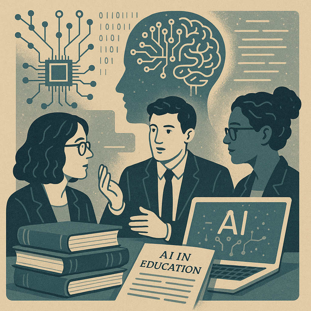 Illustrated concept of academic resources and discussions on AI integration in education.