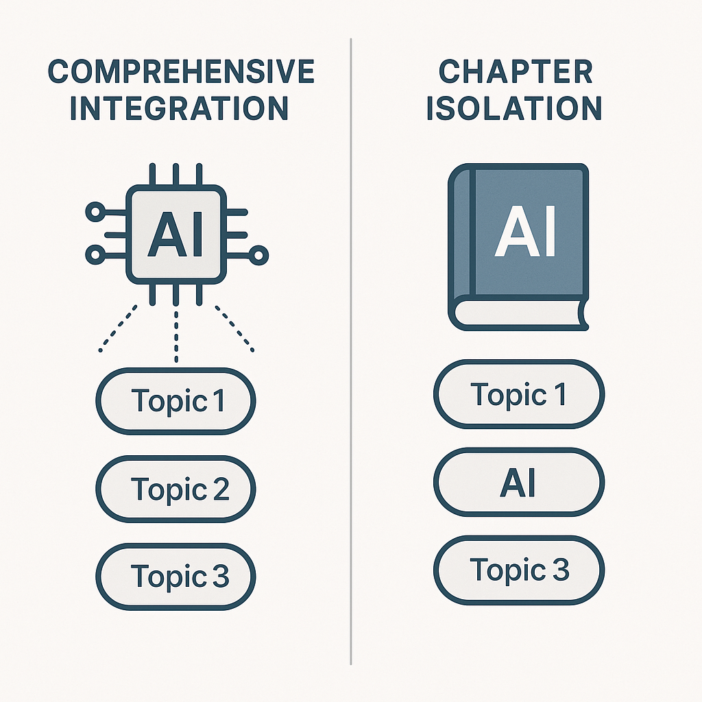 Diagram contrasting comprehensive AI integration across a textbook with traditional chapter isolation.