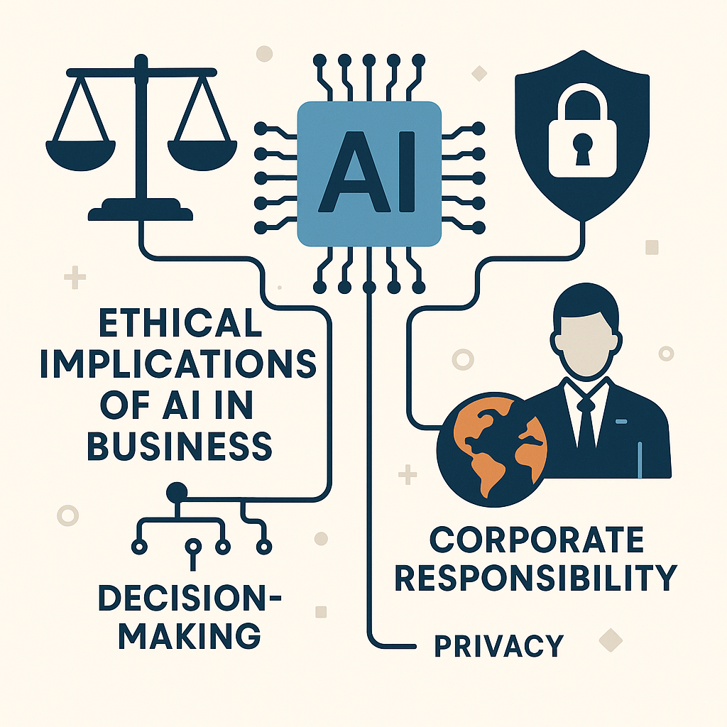 Illustration showing ethical considerations including privacy, decision-making, and corporate responsibility in AI.