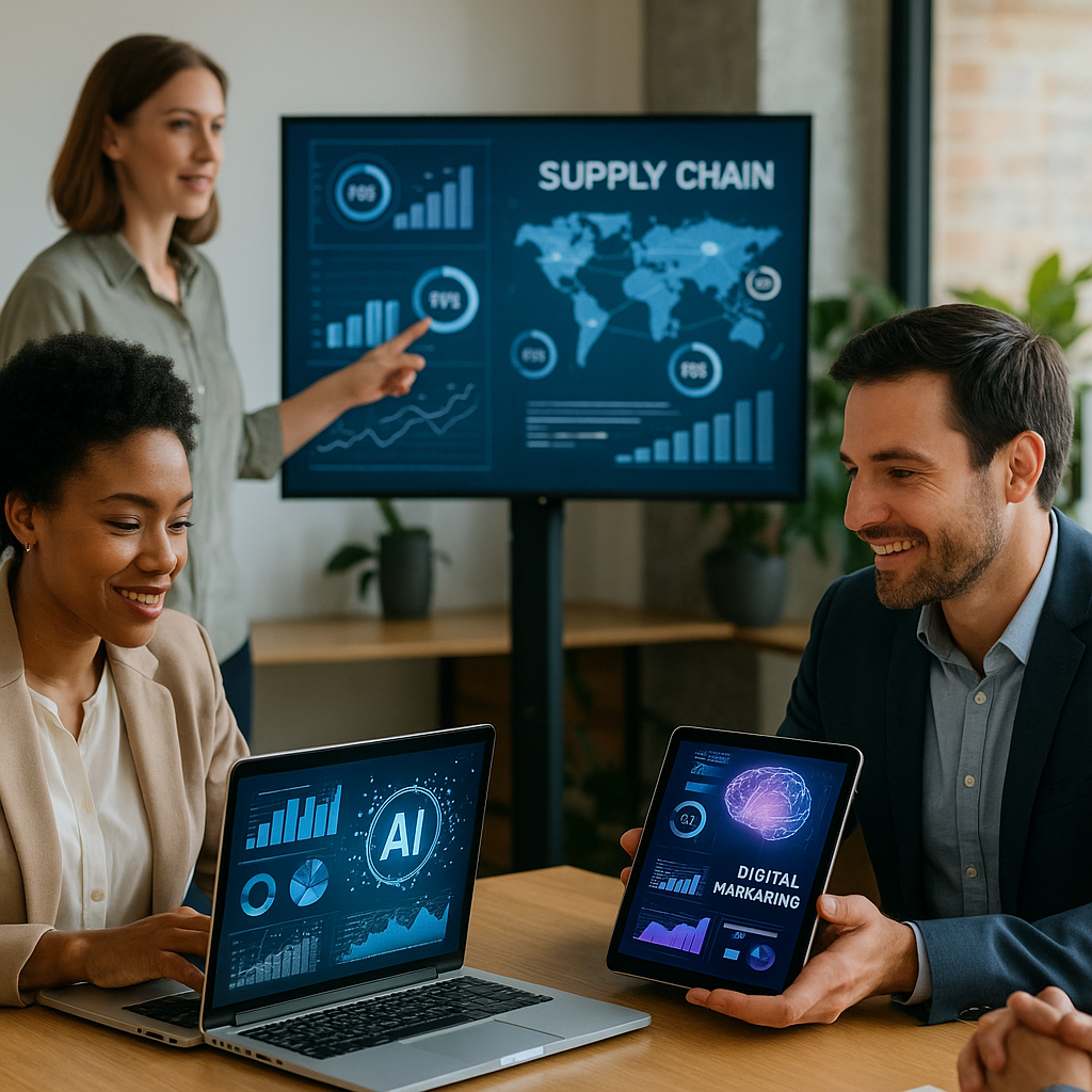 Photograph of professionals using AI in various business applications, showcasing diverse collaboration.