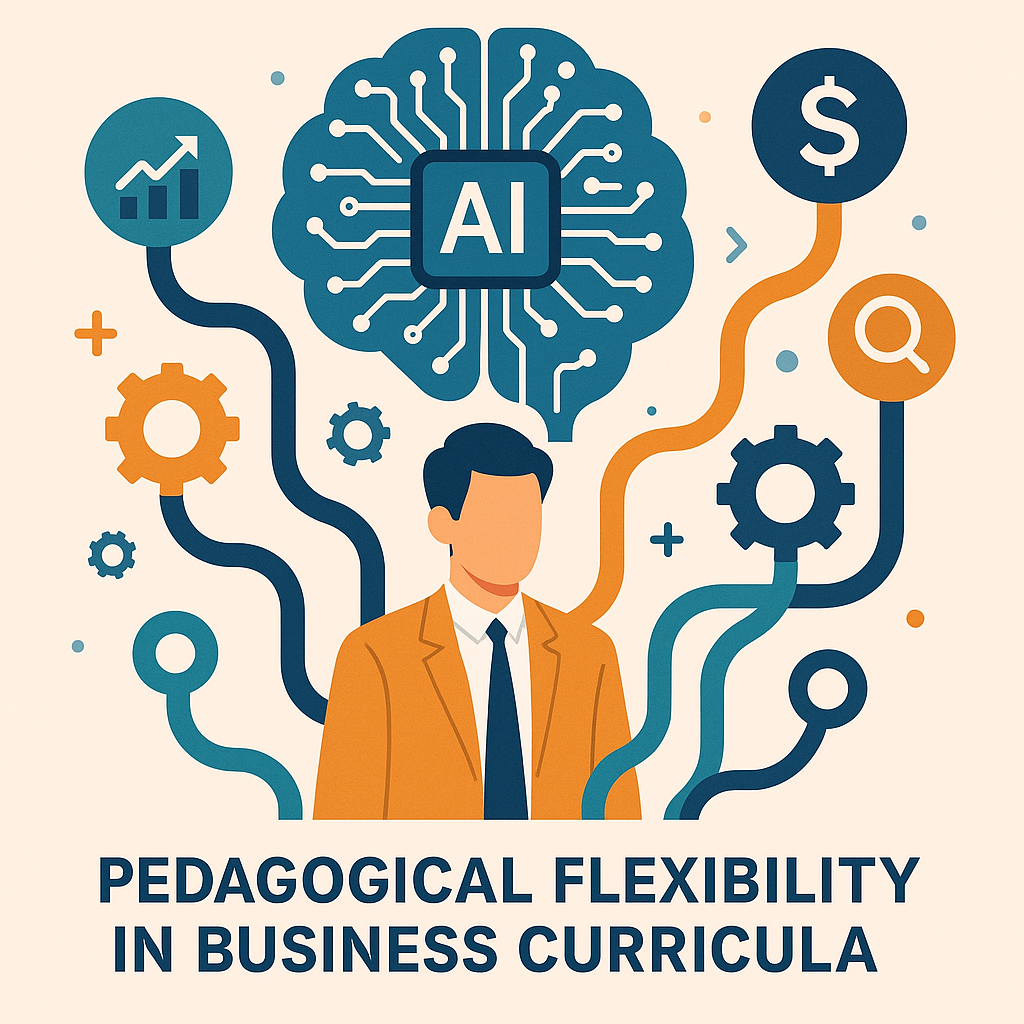 Illustration representing curriculum flexibility with AI, using visuals like branching paths and gears.