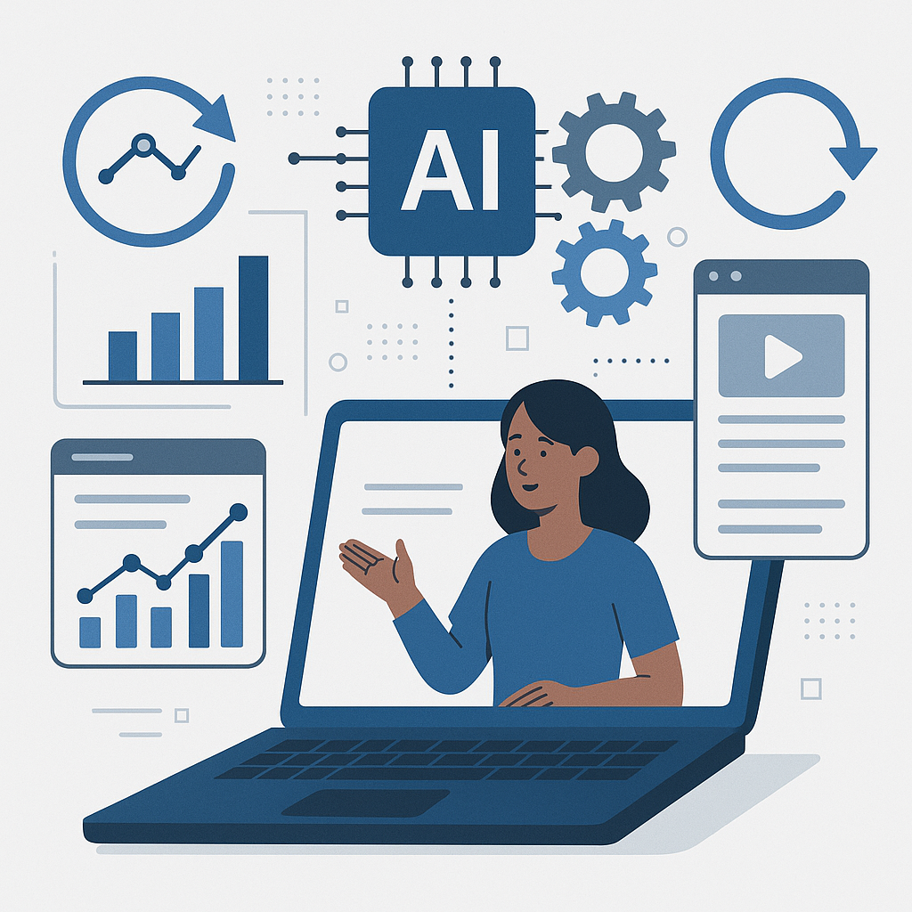 Illustration of AI processes using predictive analytics to update educational content.