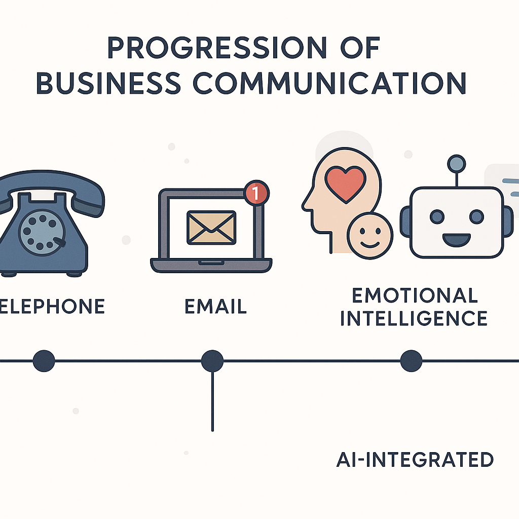 Illustration of the timeline showing the progression from traditional to AI-enhanced communication methods, emphasizing emotional intelligence and technology.