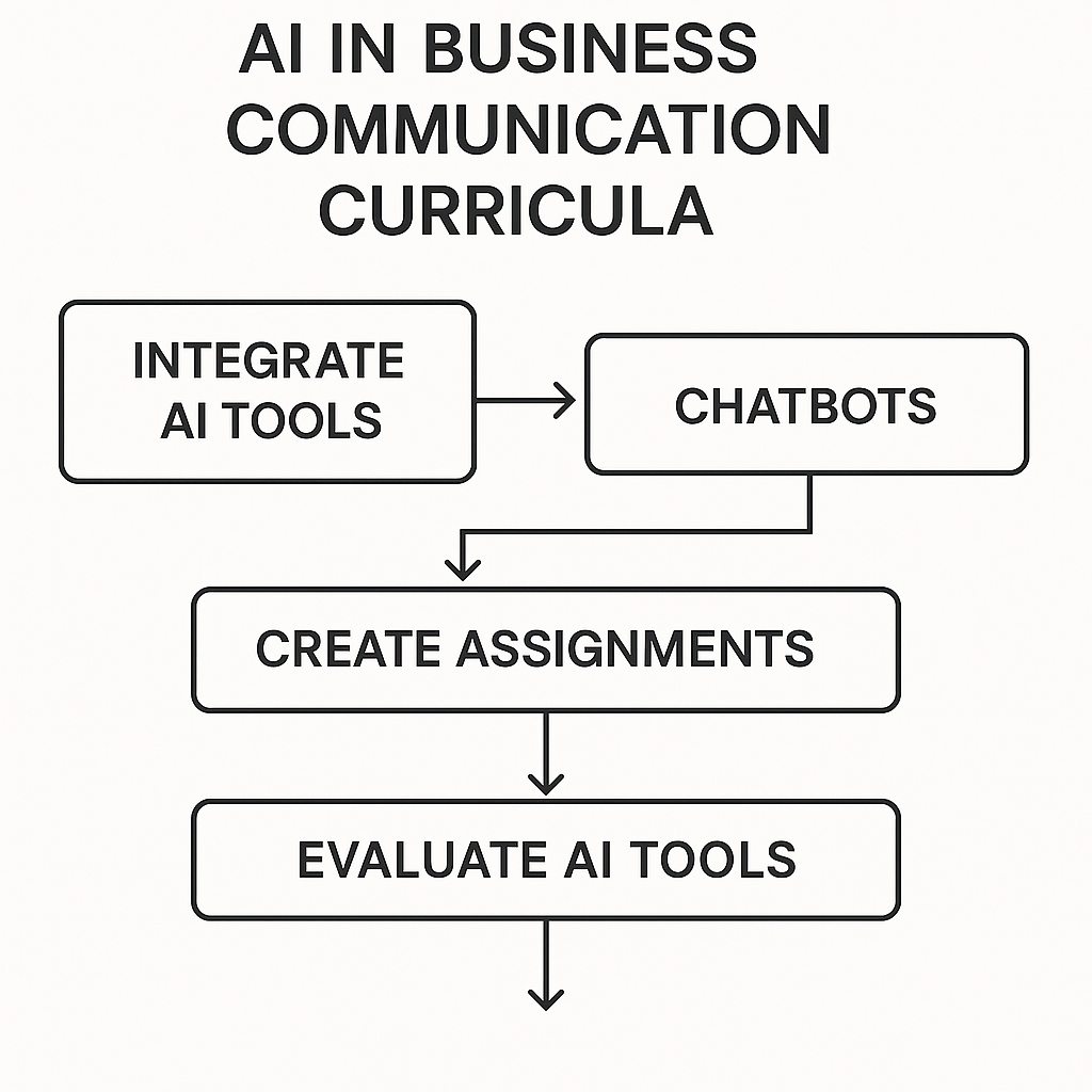 Diagram of a flowchart displaying AI integration strategies in communication education, featuring tools and evaluation actions.
