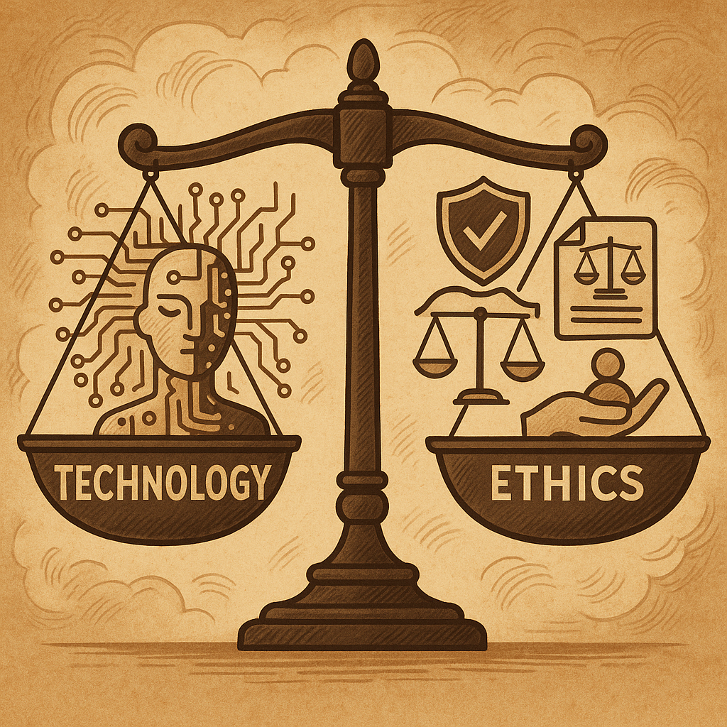 Illustration of a balanced scale with technology and ethics icons, highlighting the need for ethical AI communication.