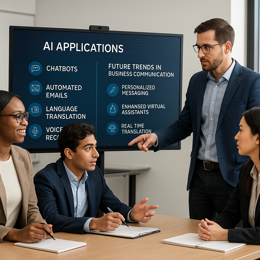 Photograph of students and instructor discussing AI trends in business communication via an interactive display in a modern classroom.