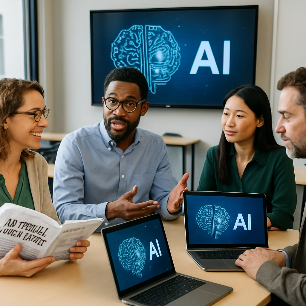 Educators in a classroom using textbooks and digital platforms to discuss AI concepts.