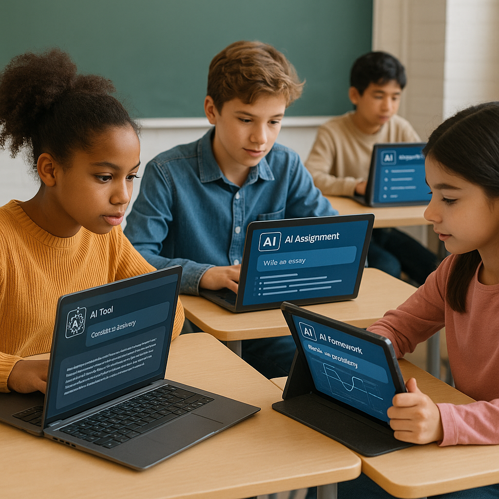 Students using laptops in classroom engaging with AI tools for assignments.