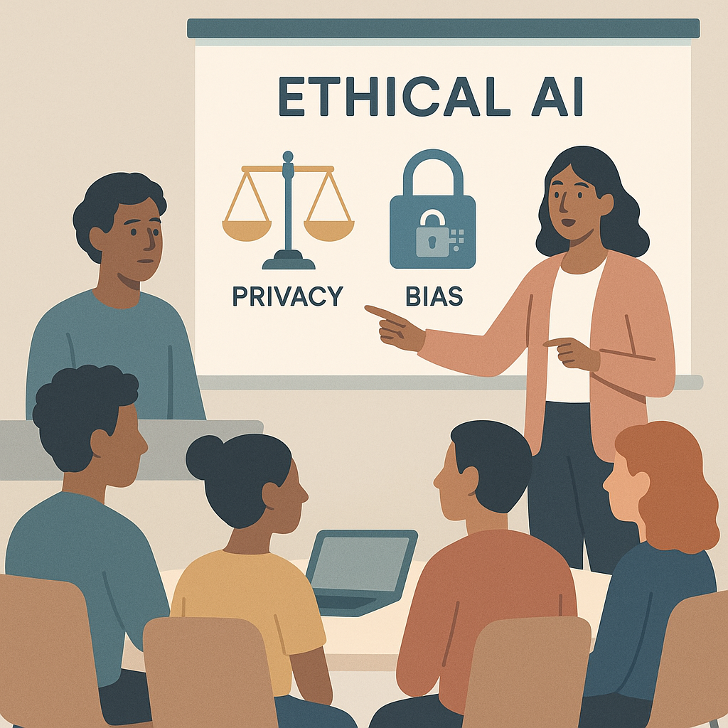 Illustration of students discussing ethical AI use with visual metaphors such as balance scales and privacy.
