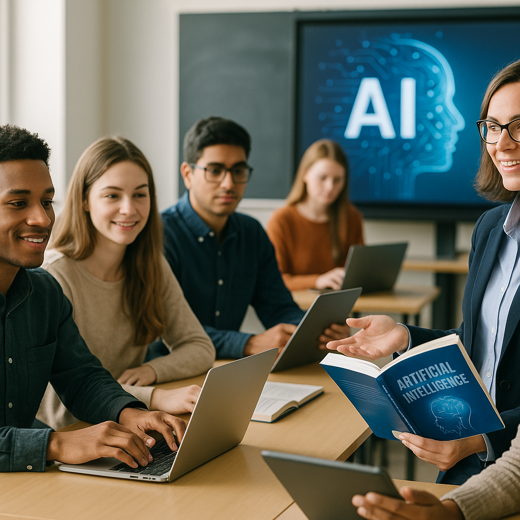 Students and an instructor in a classroom, using digital devices and textbooks, engaging with AI educational content.