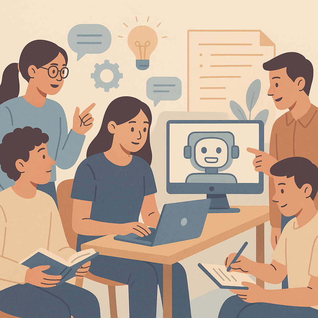 Students collaborating on an AI project, using technology and role-playing in an interactive setting.