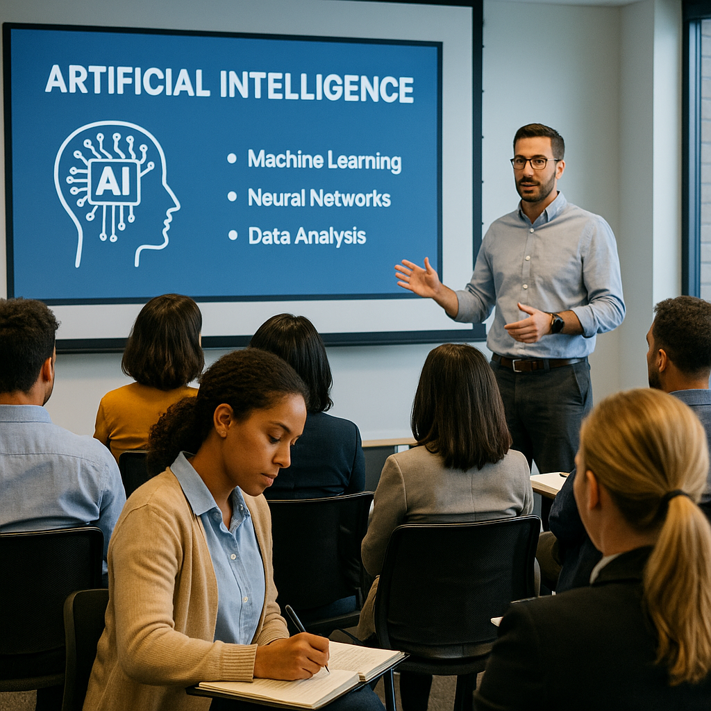 Instructor at a seminar learning about AI with peers, focused on a presentation about AI concepts.
